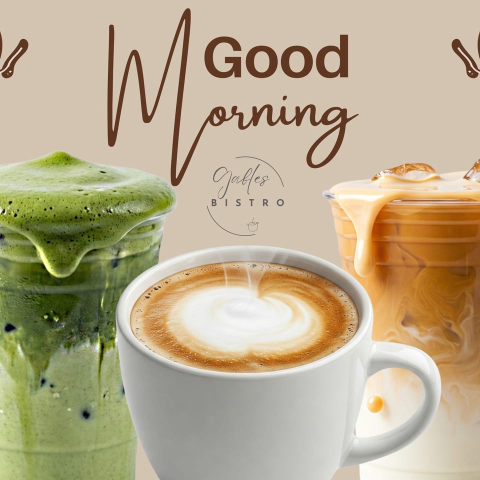 Good Morning Tables Bistro graphic featuring matcha, latte, and caramel iced coffee drinks on a beige background.