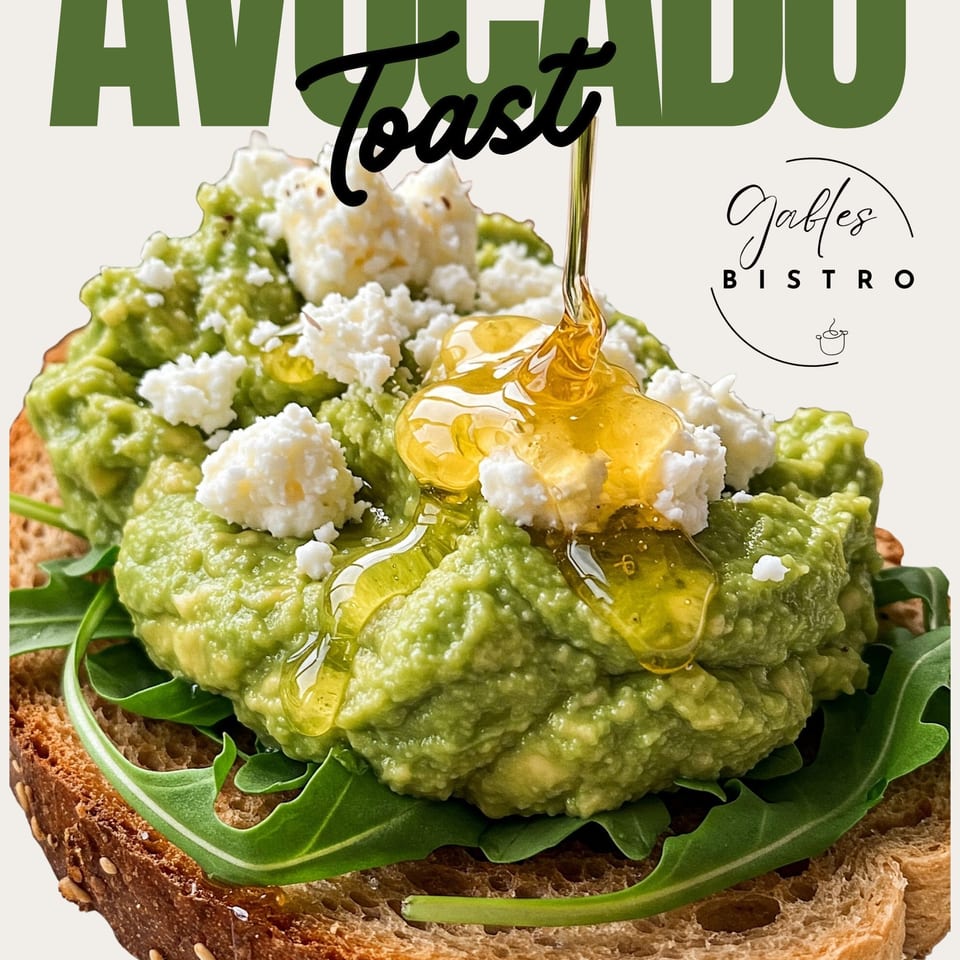 Avocado toast topped with crumbled white cheese, honey drizzle, and leafy greens, branded Avocado Toast Tables Bistro.