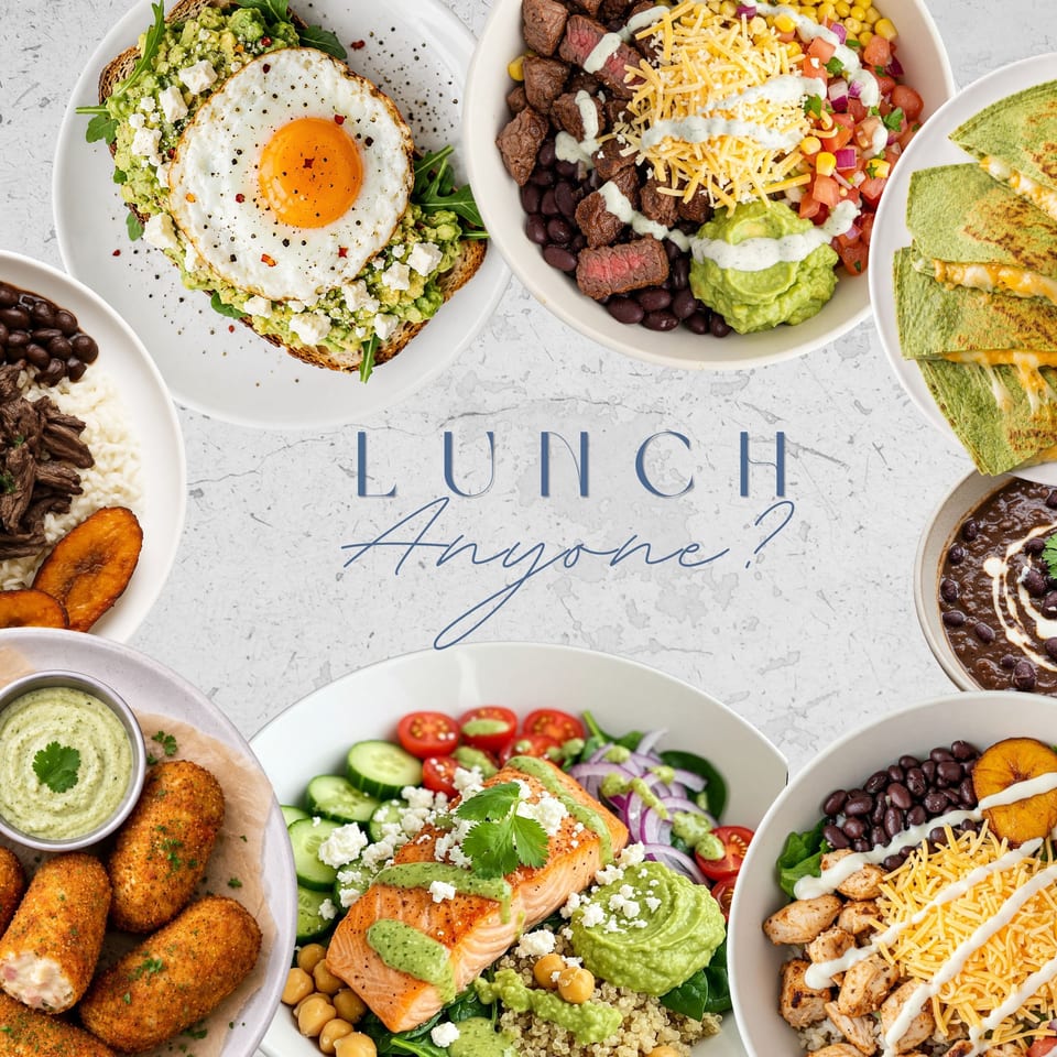 Collage of colorful Latin-inspired lunch dishes, including avocado toast, steak bowls, quesadillas, croquettes, salads, and black bean soup.