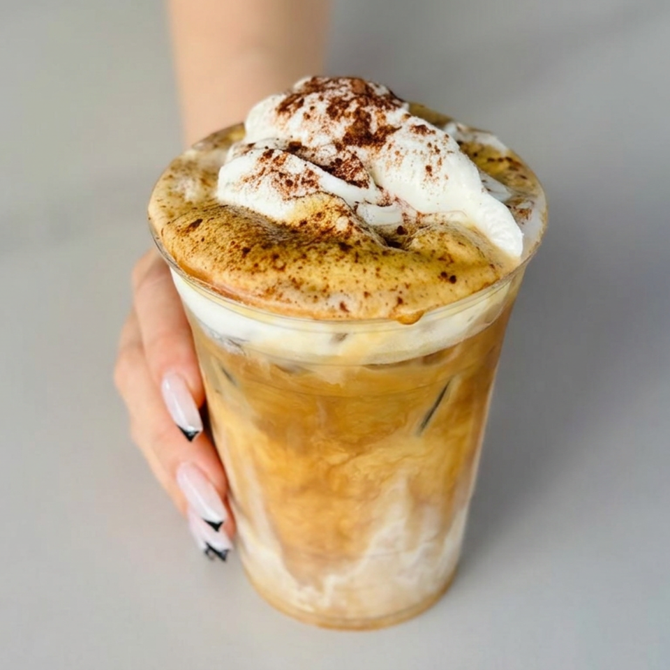 Hand holding a clear cup of iced coffee layered with cream and topped with whipped cream dusted with cocoa.